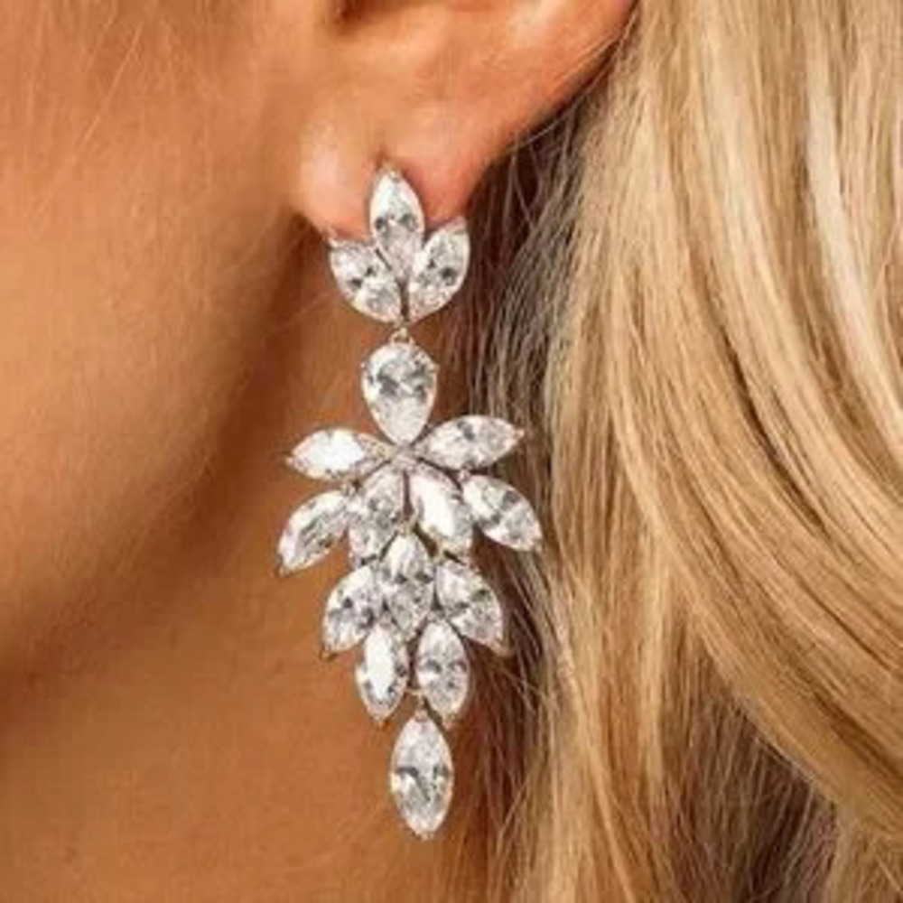 Marquise Zircon Leaf Dangle Earrings Womens Bridal Wedding Party Drop Earrings